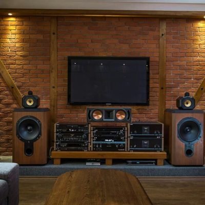 Home audio setup with speakers and audio equipment