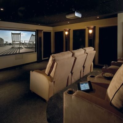 Dedicated home theatre with reclining seats and a projection screen